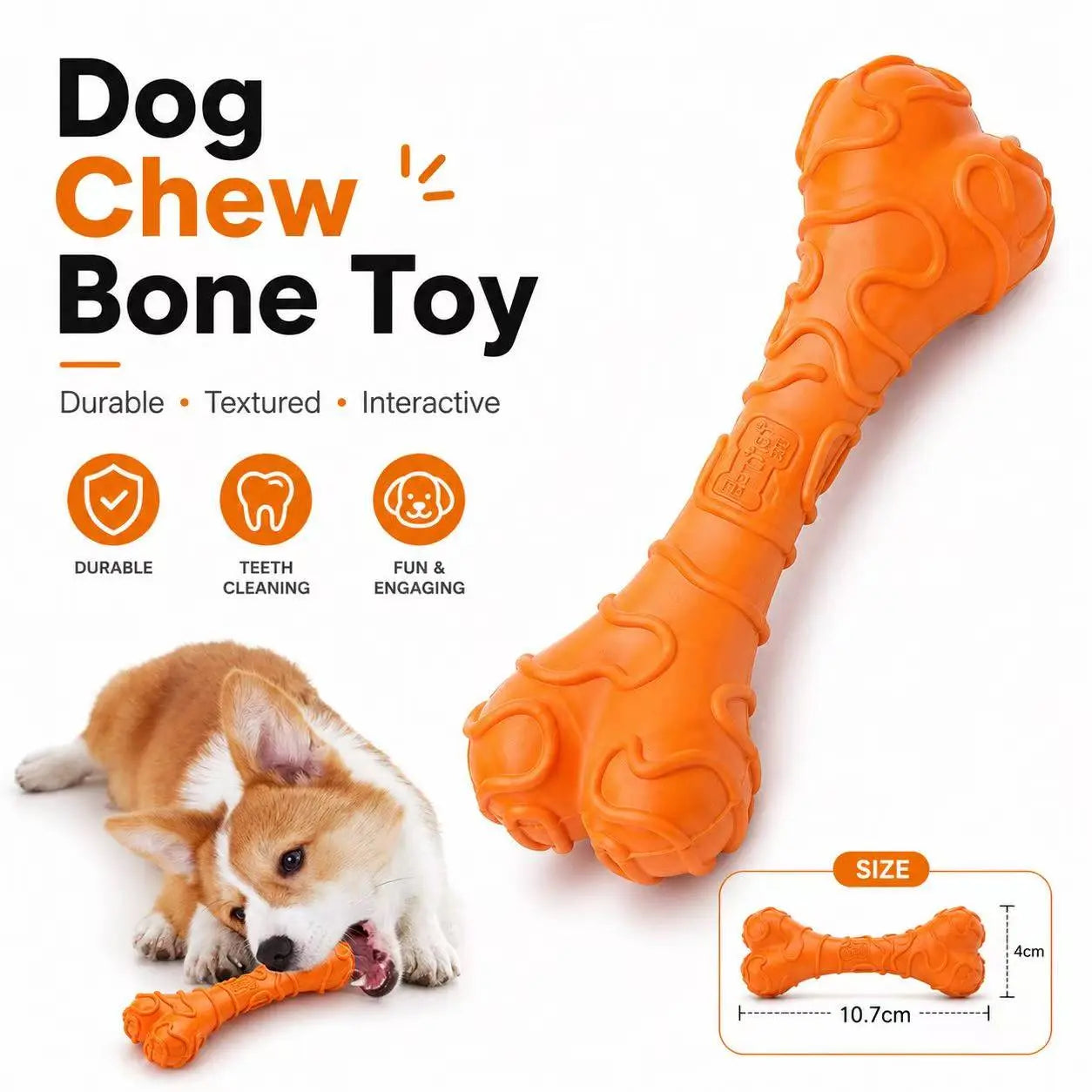 Small Dog Textured Rubber Chew Bone Toy Durable Dental Chewy for Teeth Cleaning Interactive Puppy Play Orange