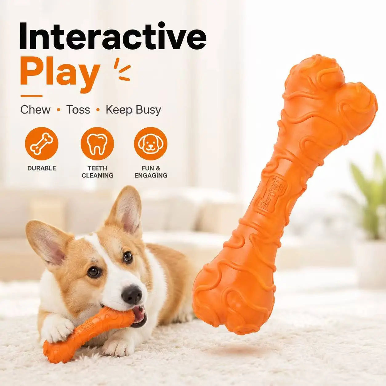 Small Dog Textured Rubber Chew Bone Toy Durable Dental Chewy for Teeth Cleaning Interactive Puppy Play Orange