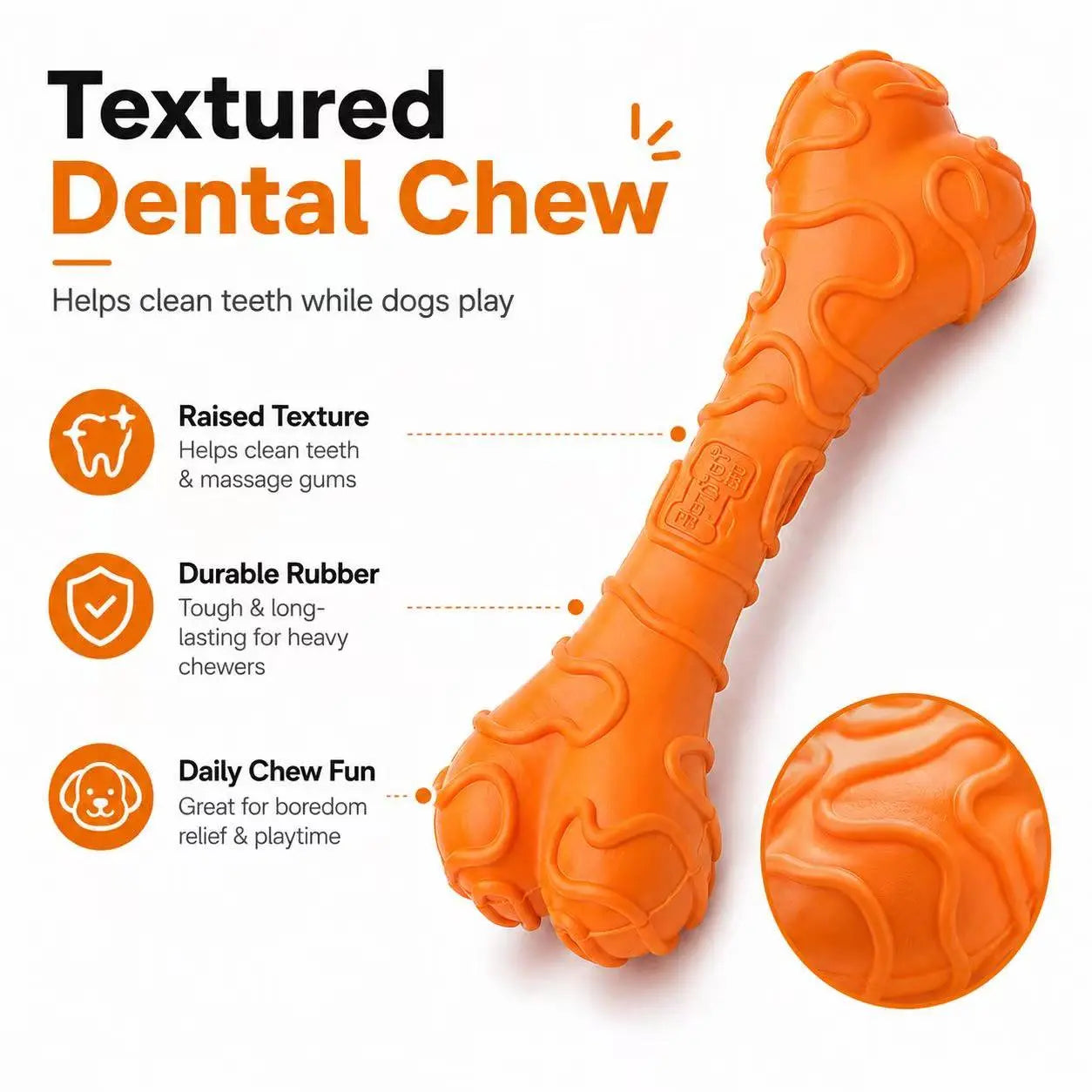Small Dog Textured Rubber Chew Bone Toy Durable Dental Chewy for Teeth Cleaning Interactive Puppy Play Orange